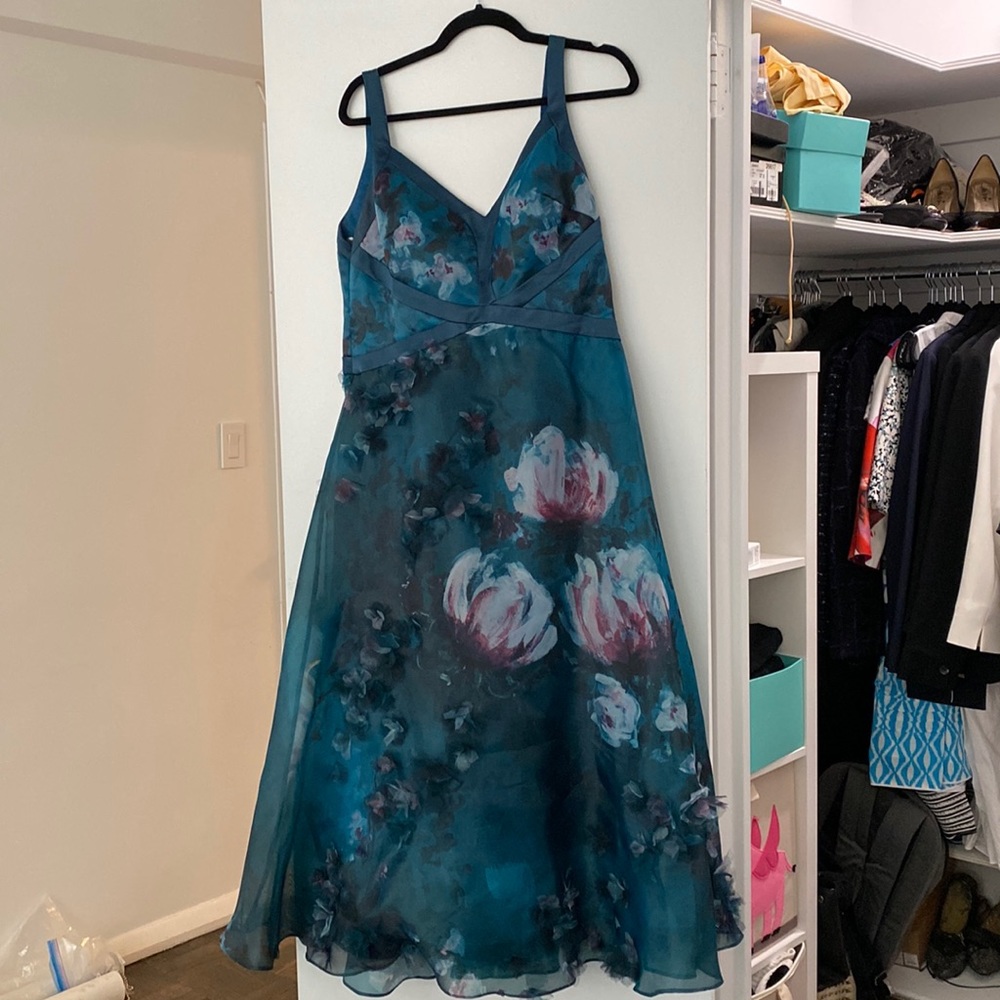 Marchesa notte teal floral tea-length dress